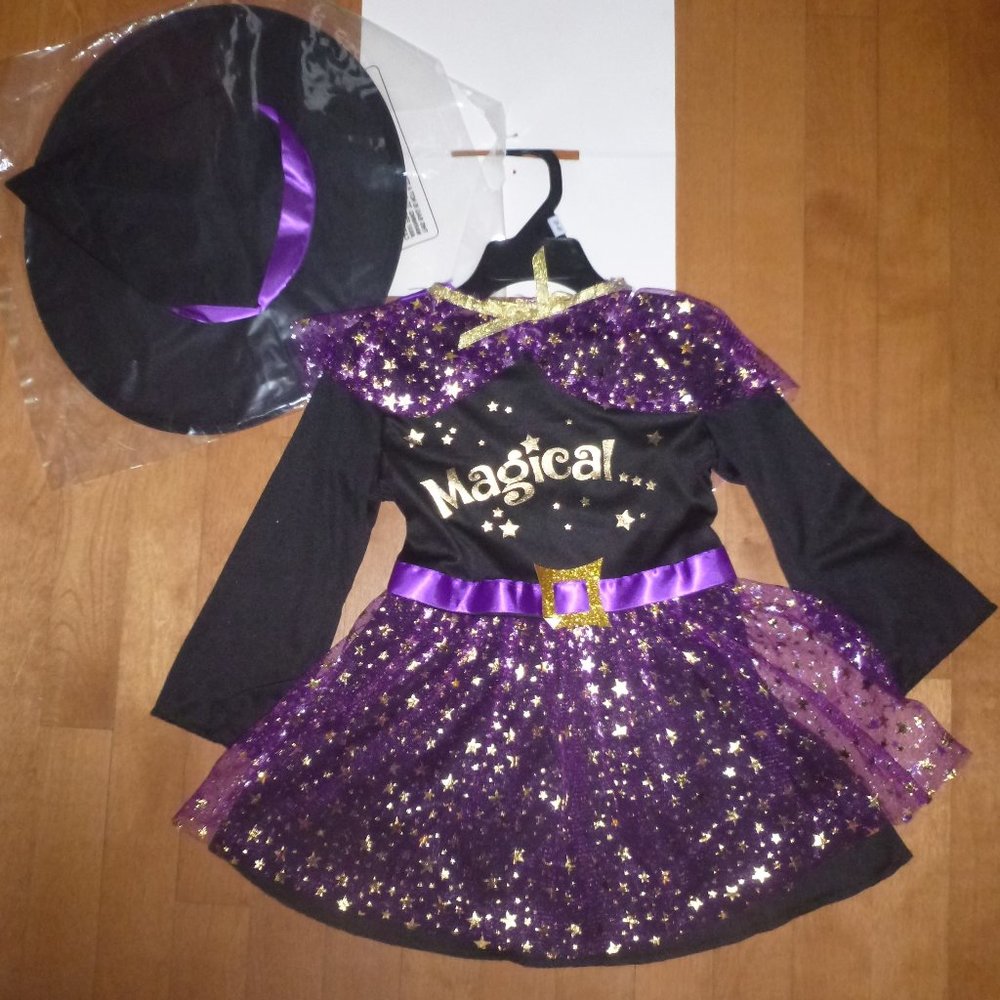Toddler Girls "MAGICAL" Witch Costume Size 2T-4T Dress & Hat  Foil Stars NWT